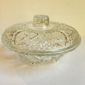 KIG Malaysia pressed glass dish with hearts roses and fleur de lis with lid